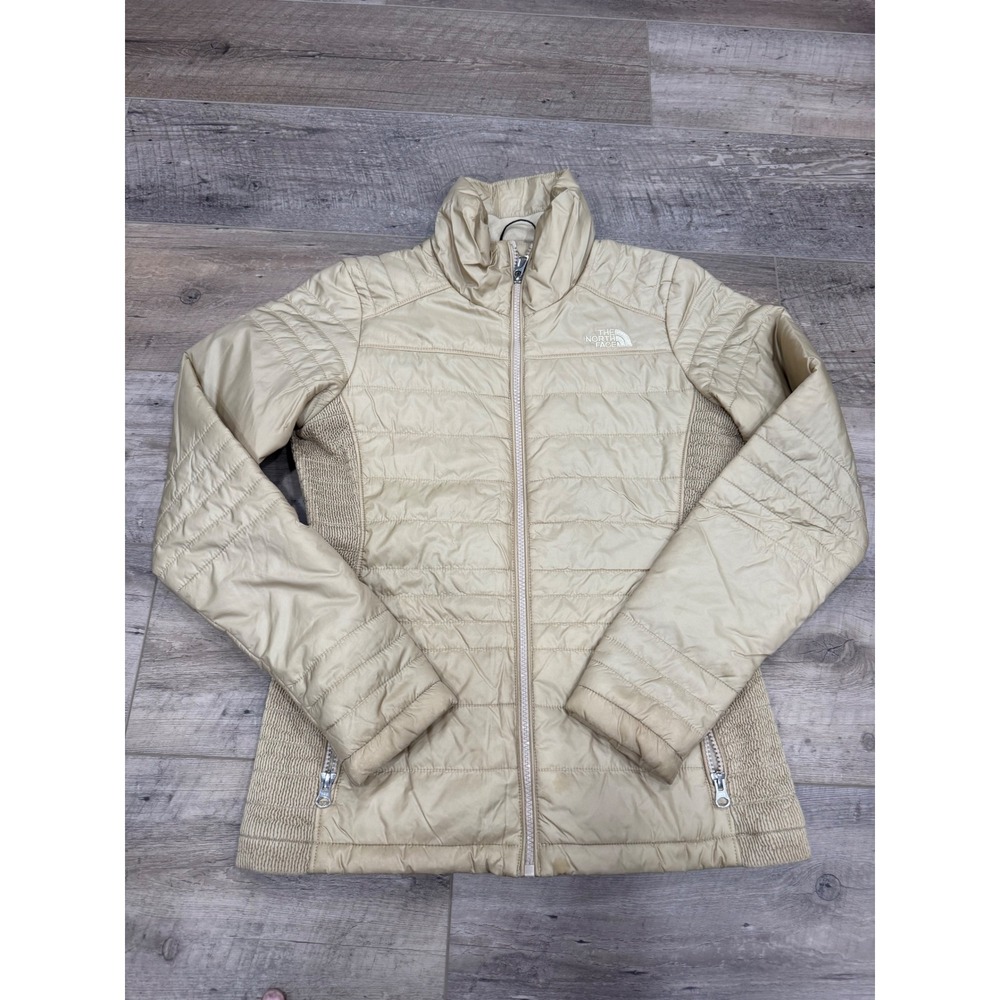 The North Face Womens Small Tan Beige Quilted Puffer Jacket Smocked Side Panels